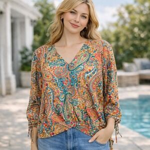 Umgee small orange pink Paisley women blouse cottage coquette boho spring